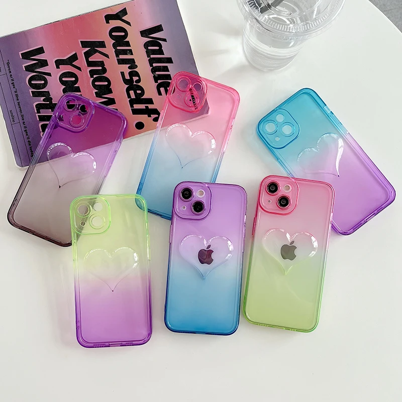 

Shockproof Lanyard 3D Gradient Love Heart Transparent Phone Case For iPhone 13 11 12 Pro Max Luxury Protection Colorful Cover
