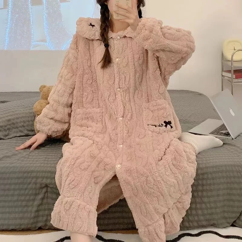 

Autumn Winter Women's Nightgown Flannel Nightdress Warm Thicken Sweet Casual Lounge Home Clothes Long Sleeve Female Homewear