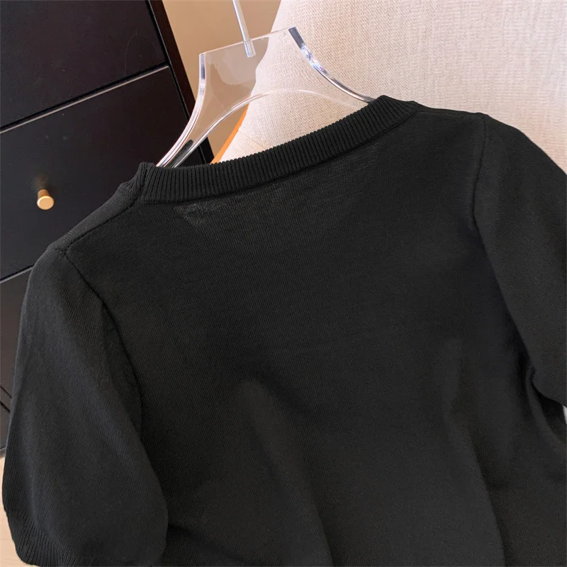 Женская тонкая футболка с коротким рукавом розовый вязаный короткий топ из