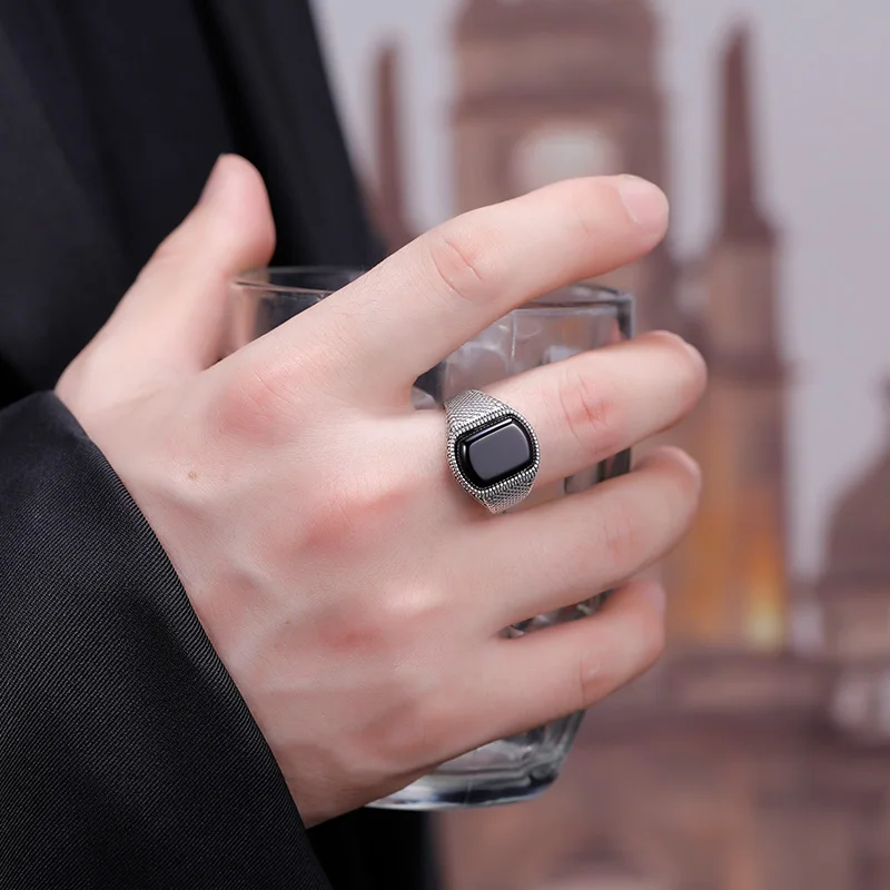 

S925 Silver Trendy Personalized Men's Sterling Silver Retro Opening European and American Domineering Agate Ring Jewelry