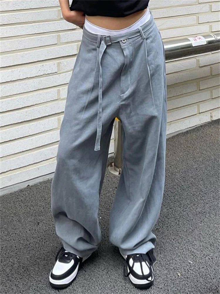 

Vintage American Wide Belt Wide Leg Pants Female 2022 New Fashion Gray Tooling Loose Type High Waist Woven Casual Trousers Emo