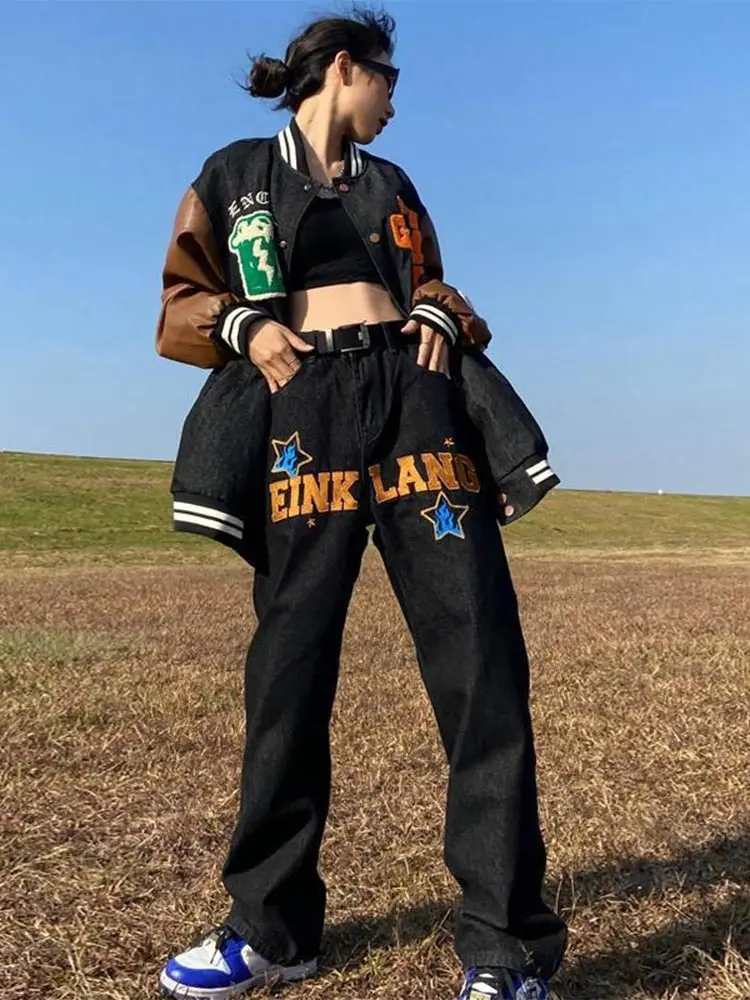 

Summer Female Harajuku High Waist Baggy Pants Retro Streetwear Hip Hop Denim Trouser Women Letter Embroidery Straight Jeans