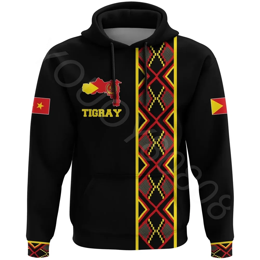 

African Region Country Flag Men Crew Neck Sweatshirt Casual Loose Print Hoodie Tigray Map Africa Pattern Black Pullover 2022