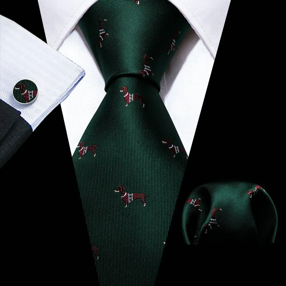 

Green Animal Silk Men Tie Handkerchief Cufflinks Set Cartoon Little Dog Wedding Party Necktie Brooches Tie Pin Barry. Wang