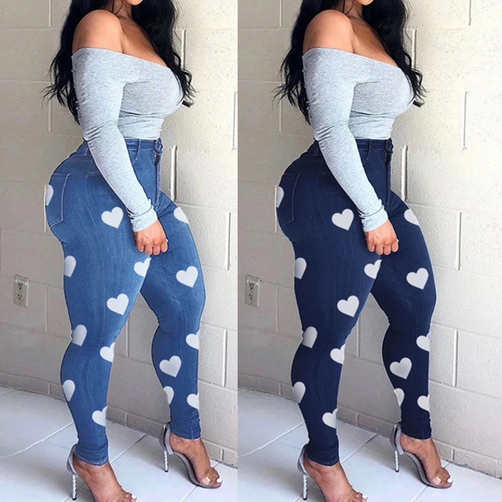 

Women Slim Skinny Heart Print Jeans Pantalon Bodycon Denim Jean Femme XL-5XL Pencil Pants Trousers Plus Size Africa Streetwear