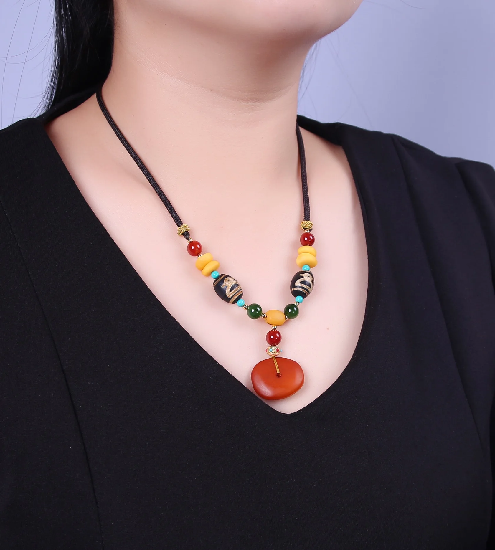 Natural Amber Onyx Dzi Necklace Woman Jewelry Collares Mujer Collier Femme Charm Gift Original Design Vintage Ethnic