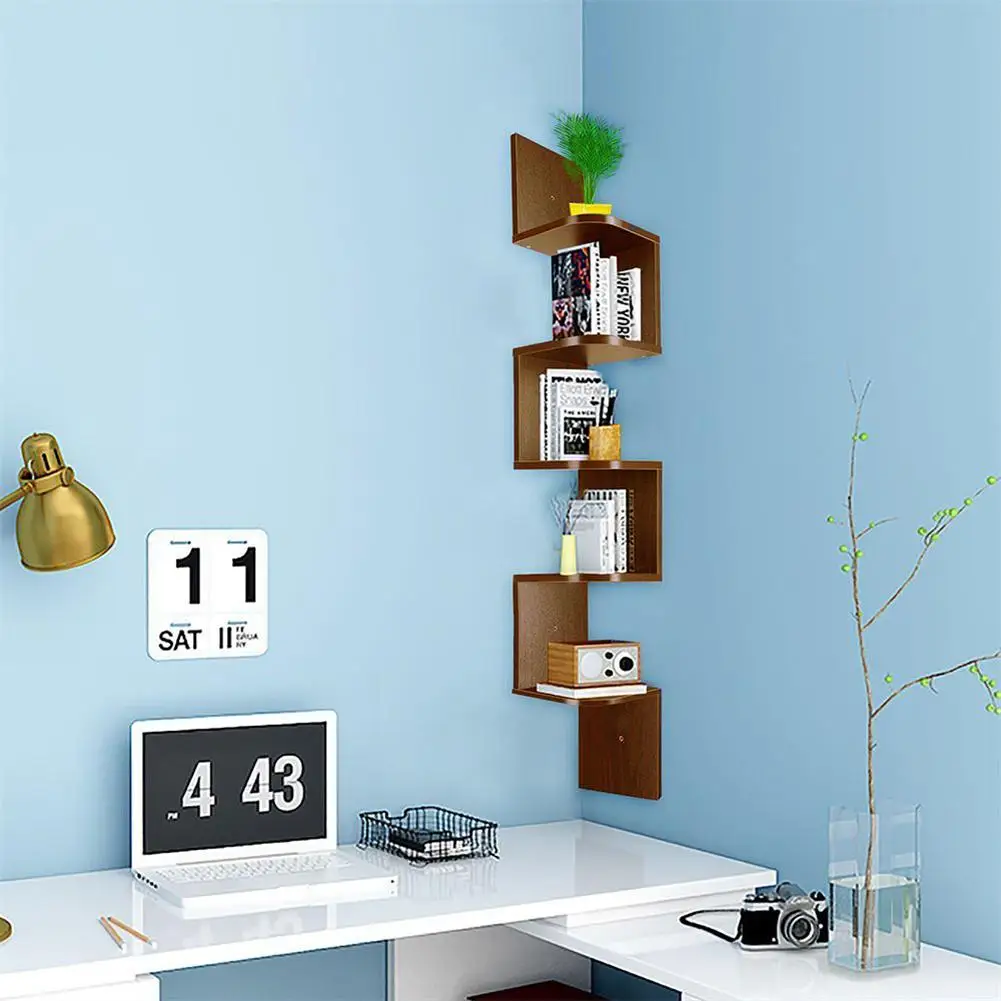 

5-tier Wooden Corner Wall Shelf Wall Mounted Zig Zag Mount Rack For Displaying Photos Cds Toys Medals