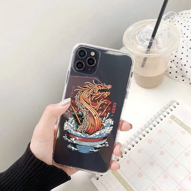 Japan Anime Ramen Cat Great Wave Clear Phone Case For iPhone 11 Pro MAX 12 XS 7 XR 13 X 8 14 Plus Cute Soft Silicone Cover Coque