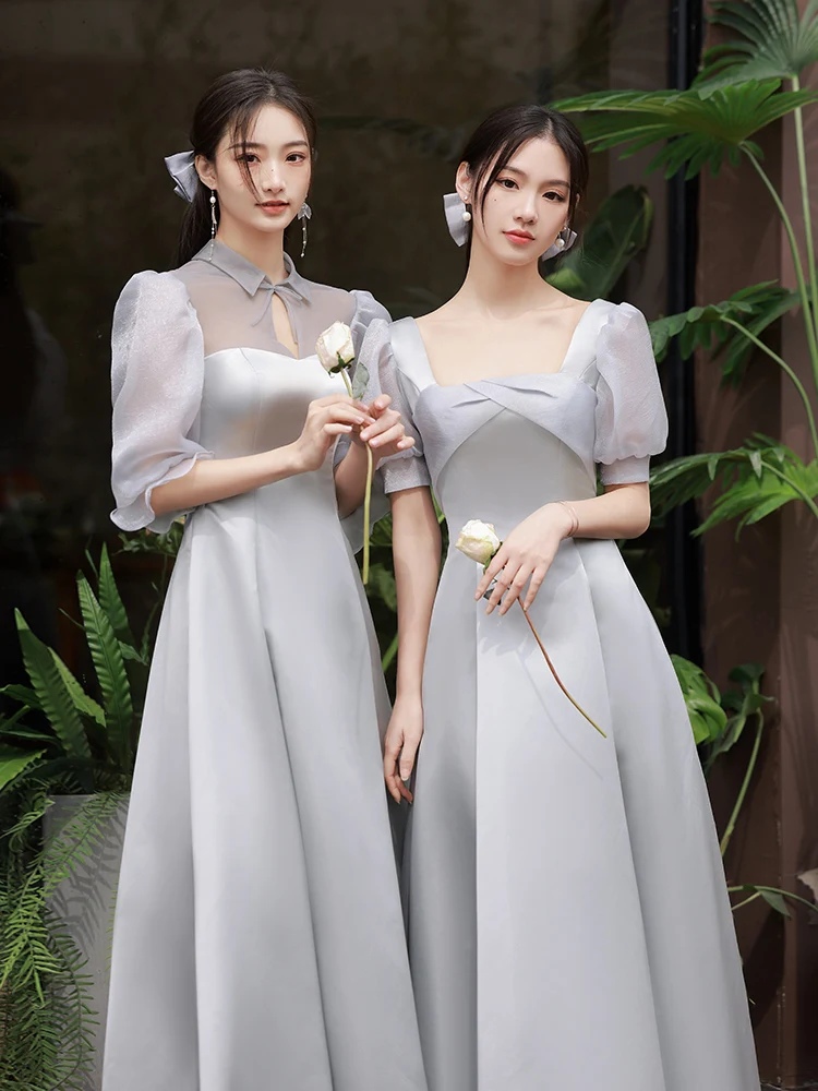 

Gray Bridesmaid Dresses Summer New Vintage Square Collar Puff Sleeve Simple Wedding Guest Dress French Style Elegant Prom Gown