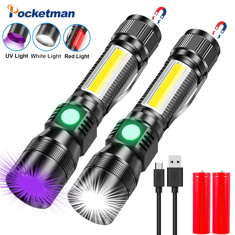 

Rechargeable Torch 3 in 1 Super Bright Black Flashlight uv/red/white light 7 Modes Zoomable Flashlight for Pet Urine Detection