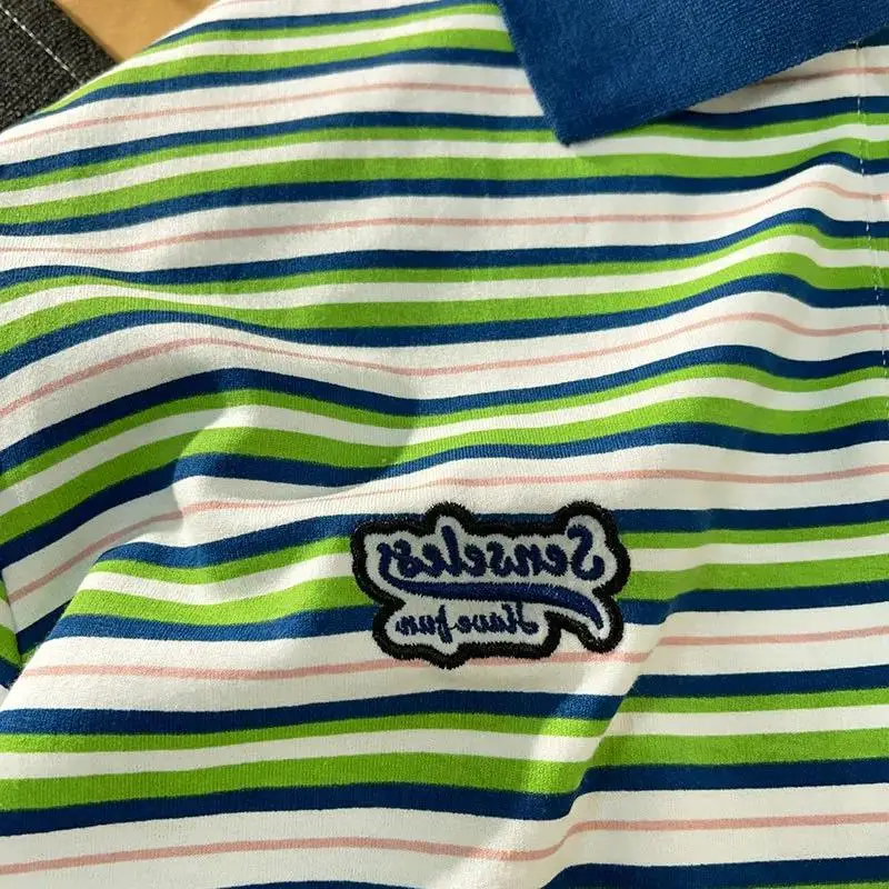 Vintage Green Striped POLO Shirts Sweatshirt Women Harajuku Hip Hop Long Sleeve Tops Casual Teens Clothes 2021 Japanese Fashion | Женская