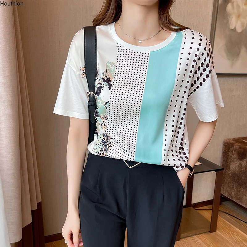 

Women's T-shirt Printing O-neck Tees Fashion Patchwork Cotton Loose Short Sleeve Top Female Clothes 20093