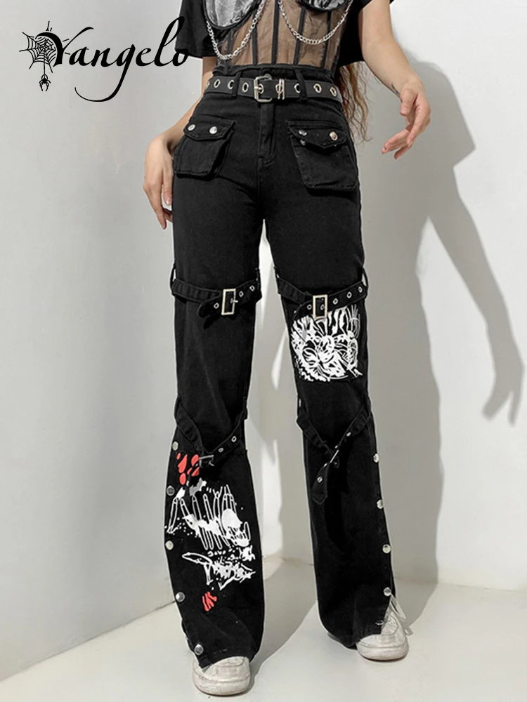 

Женские Готические джинсы Yangelo Y2K с металлической пряжкой, брюки гранж в стиле панк, ретро, весна-осень, свободные брюки