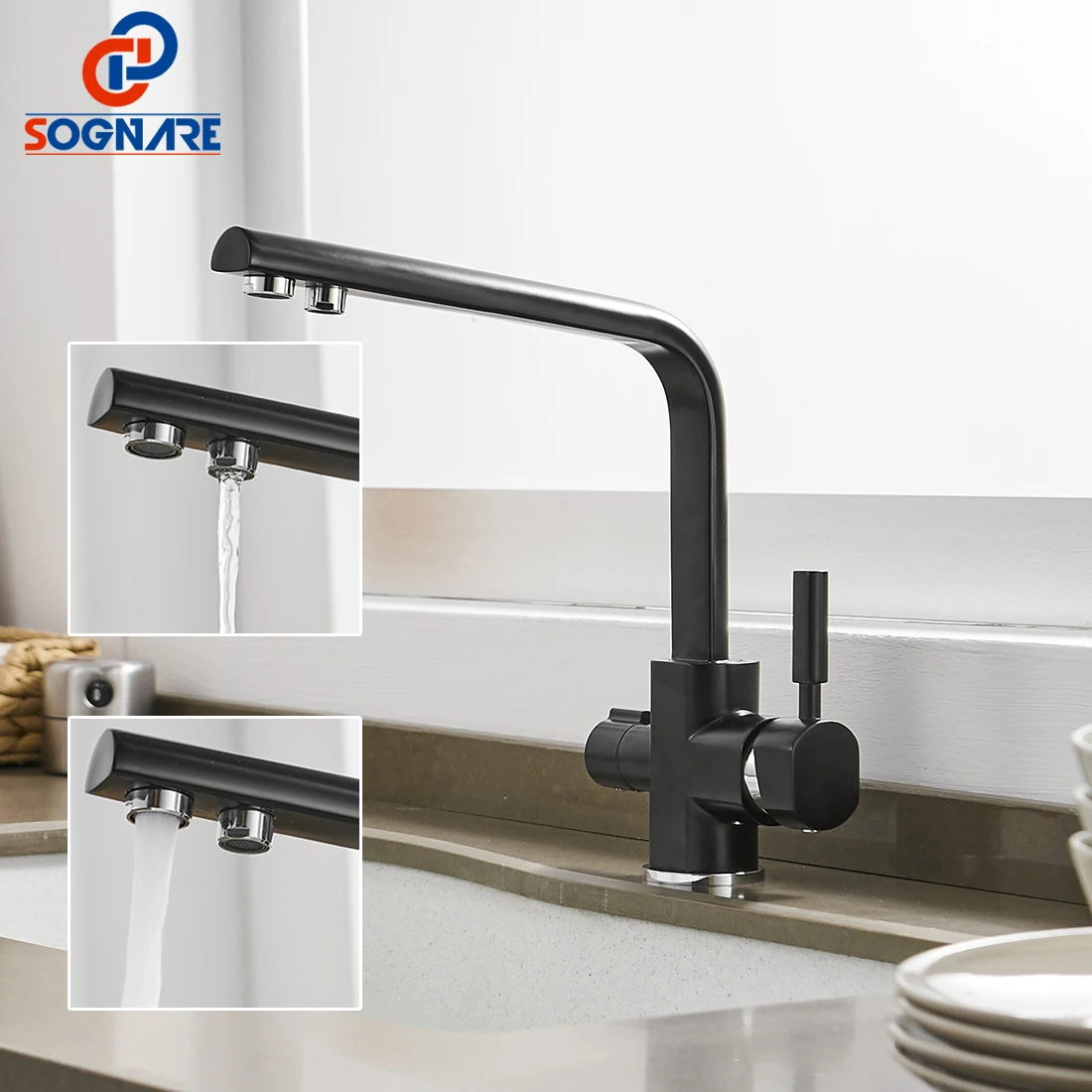 

Kitchen Faucets Cold Hot Water 3 Way Filter Mixer Tap 360 Rotation Double Handle Basin Faucet Deck Mounted смеситель для кухни