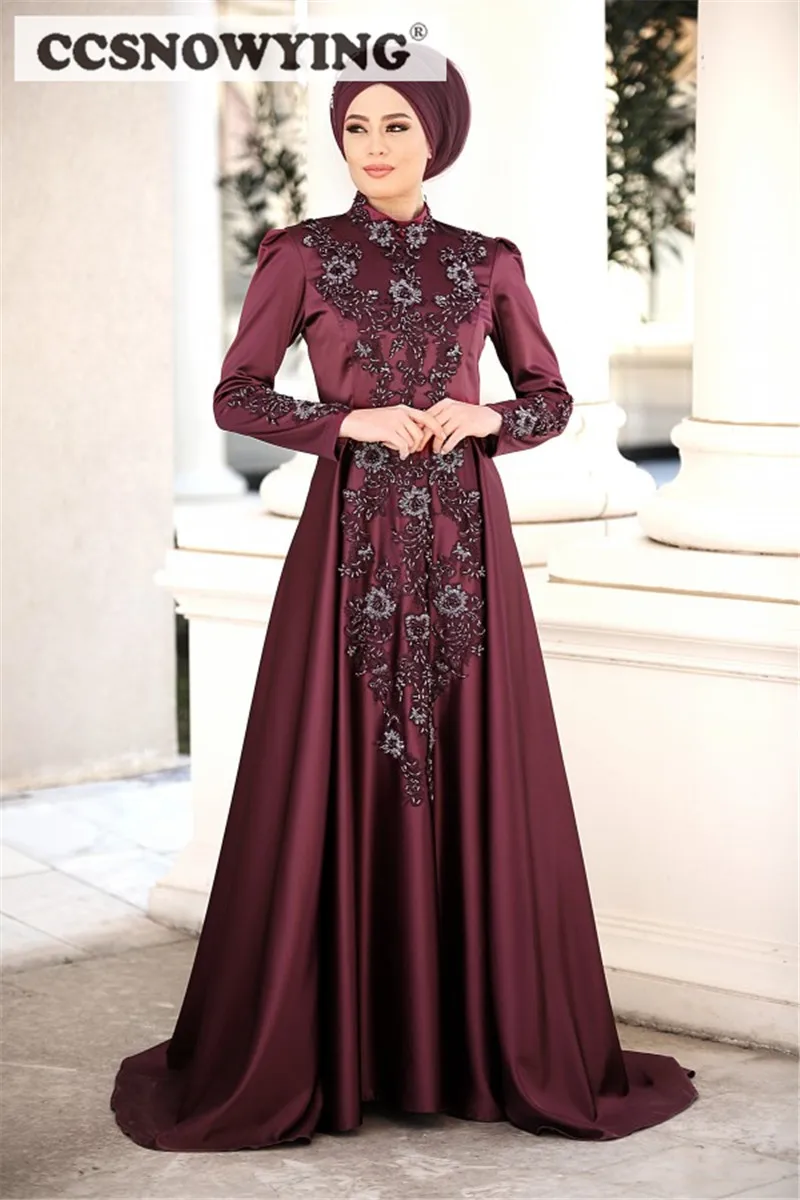 

Burgundy Long Sleeve Muslim Evening Dresses Satin Appliques Islamic Formal Party Gown Women Arabic Dubai Hijab Robe De Soiree