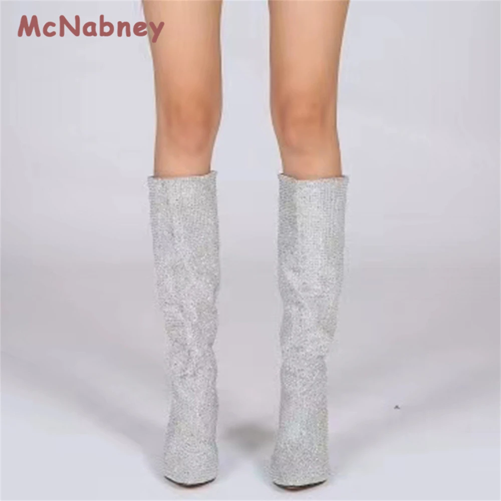 Ladies Pointed Toe Tapered Wedge Slip-On Heel Boots Luxury Rhinestone Sparkling Fashion Party Dress Women Knee Long Boots