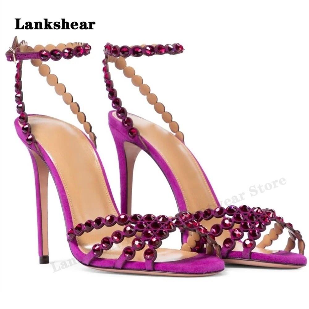 Stiletto Heels Crystal Bling Bling Rhinestone Sandals Slingback Ankle Strap Shoes Women Peep Toe Summer Sandals Large Size 34-43