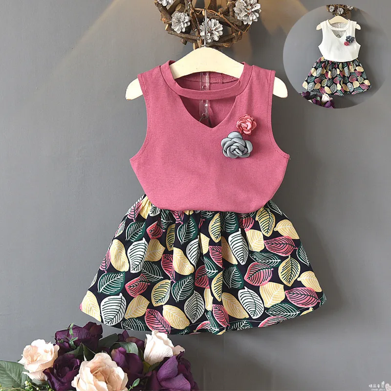 

New Girls Floral Clothing Sets Summer Kids Vest and Flowers Skirt Pants 2Pcs Outfits Girl Casual Children Costumes Girls Outfits