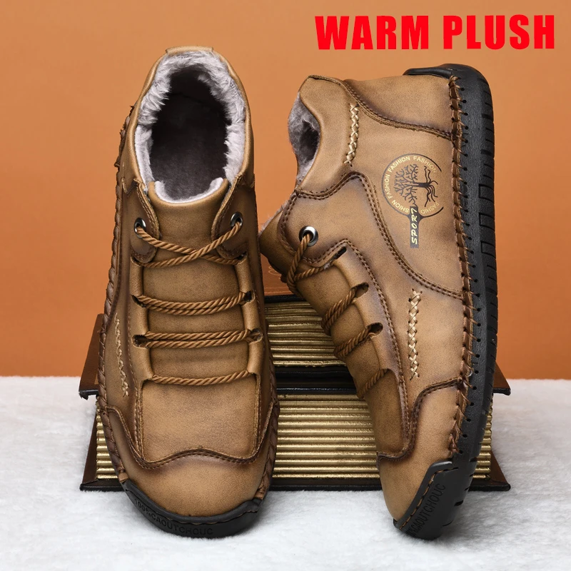 Men Shoes Casual Boots Autumn New Hand-stitching Leather Boots Winter Khaki Retro Leather Ankle Botas Plus Size 38-48