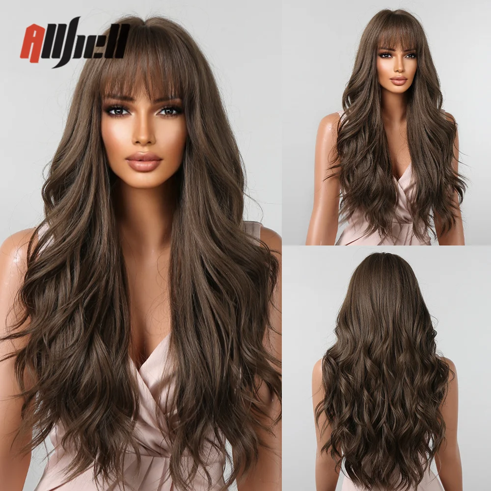 

Синтетические длинные коричневые парики, темно-коричневый натуральный волнистый парик с челкой для чернокожих женщин, косплей, ежедневное быстрое использование, термостойкие волосы