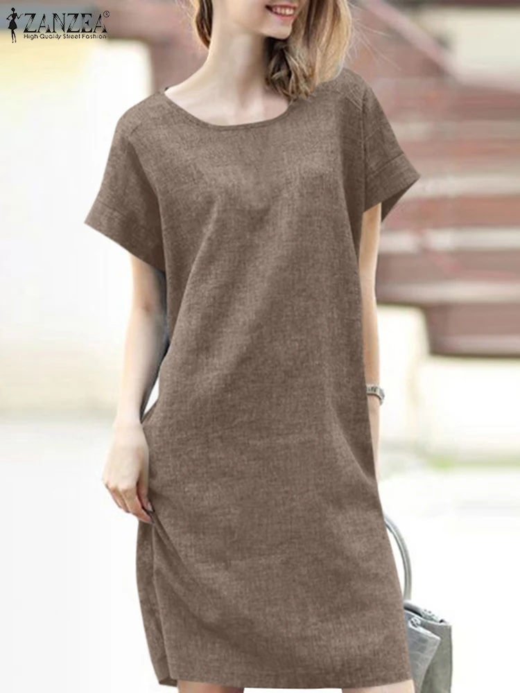 

ZANZEA Short Sleeve O-Neck Solid Color Knee-length Vestidos Women Summer Casual Dress Elegant Casual Loose Vintage Sundress 2022