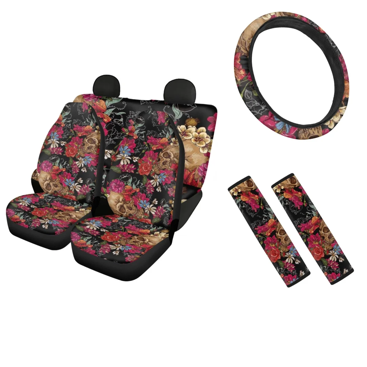 

Car Interior Seat Covers Beautiful Gothic Skull Universal Fit Most of Vehicles Seat Belt Sets Steering Wheel Cover Comfortable