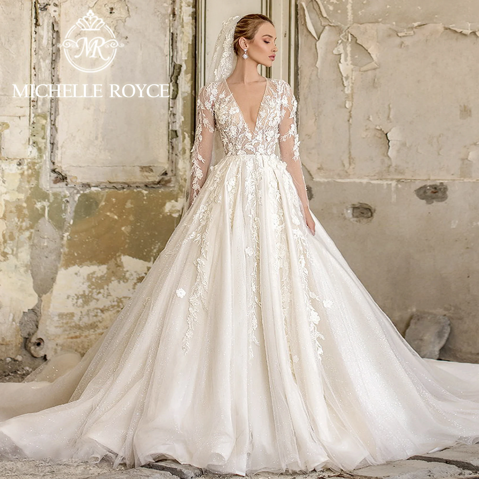 

Michelle Royce Ball Gown Wedding Dress 2023 Deep V-Neckline Appliques Semi-Transparent Beading Wedding Gown Vestidos De Novia