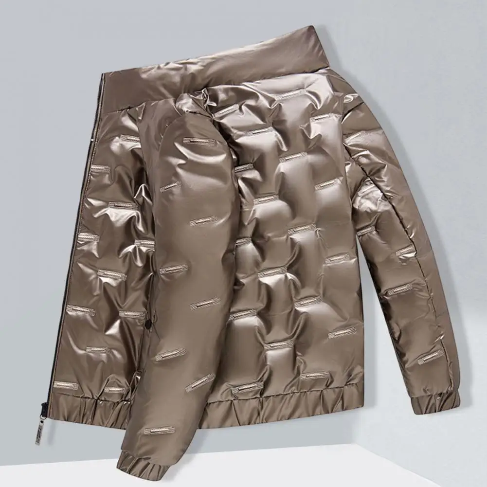 Winter Men Jacket Bright Surface Long Sleeves Stand Collar Cotton Padded Coldproof Pockets Coat Streetwear