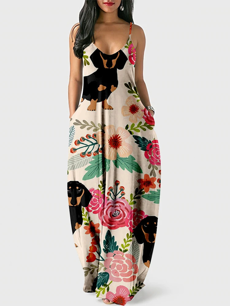 

Женское длинное платье на бретельках, винтажное повседневное пляжное платье без рукавов с мультяшным принтом для отпуска, лето 2022