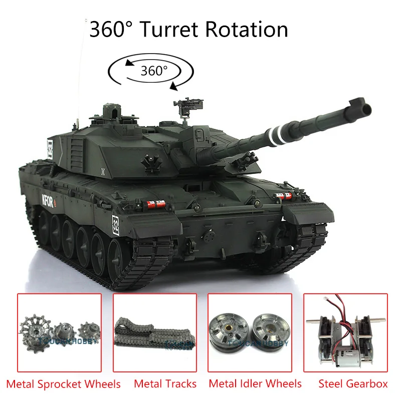 

Henglong Upgraded Ver 1/16 Dark Green 7.0 FPV Challenger II RC Tank 3908 360 Turret BB Shooting Metal Tracks Toys TH17750-SMT7