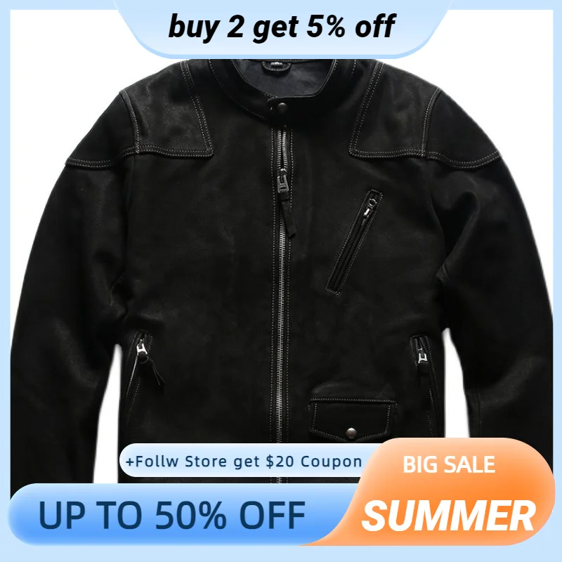 

Black Men's Spring Jacket Motorcycle Style Plus Size 3XL Natural Cow Suede Autumn Slim Fit Short Biker Genuine Leather Coats