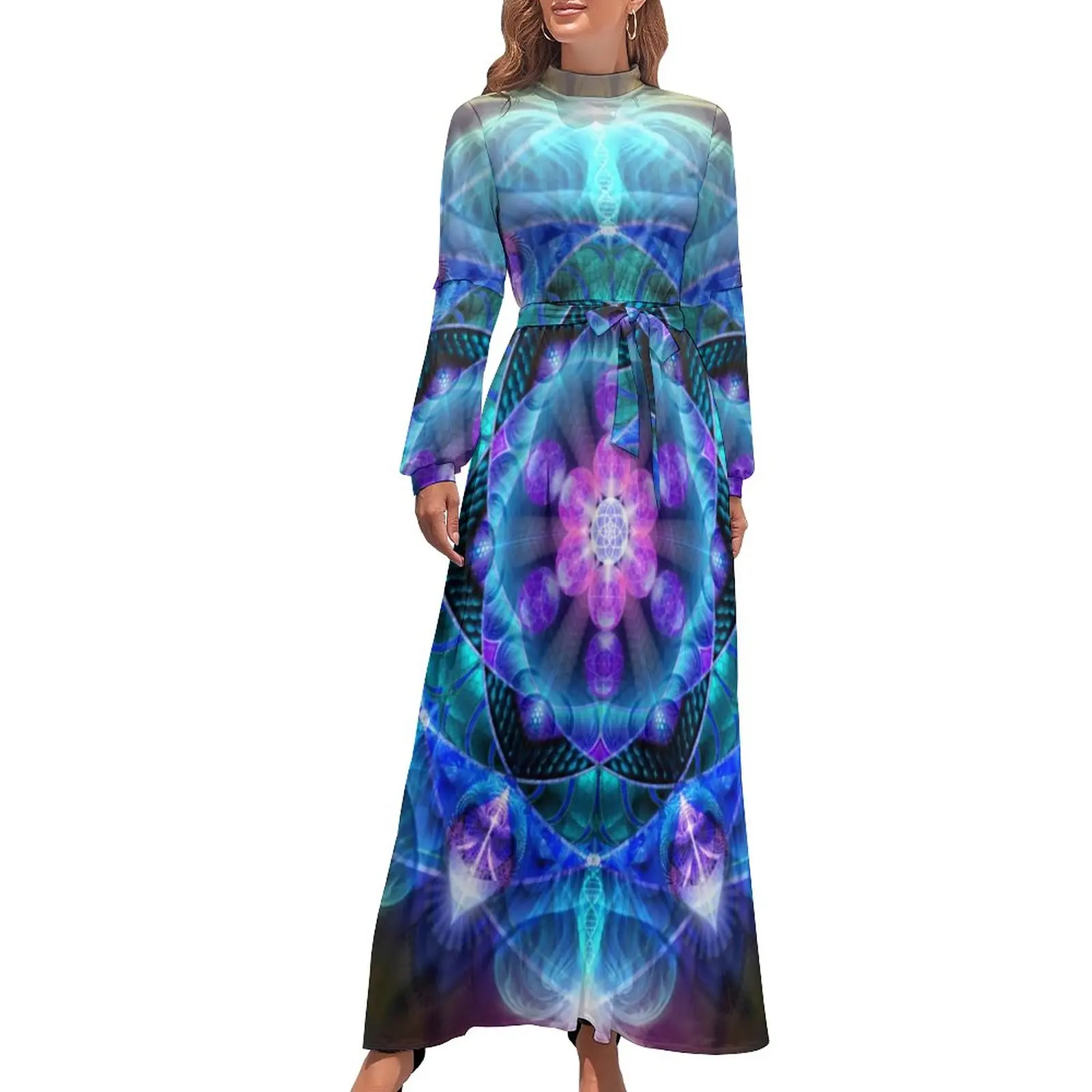 

Flower Mandala Dress Long Sleeve Abstract Floral Print Maxi Dress High Waist Stylish Pattern Bohemia Long Dresses Birthday Gift