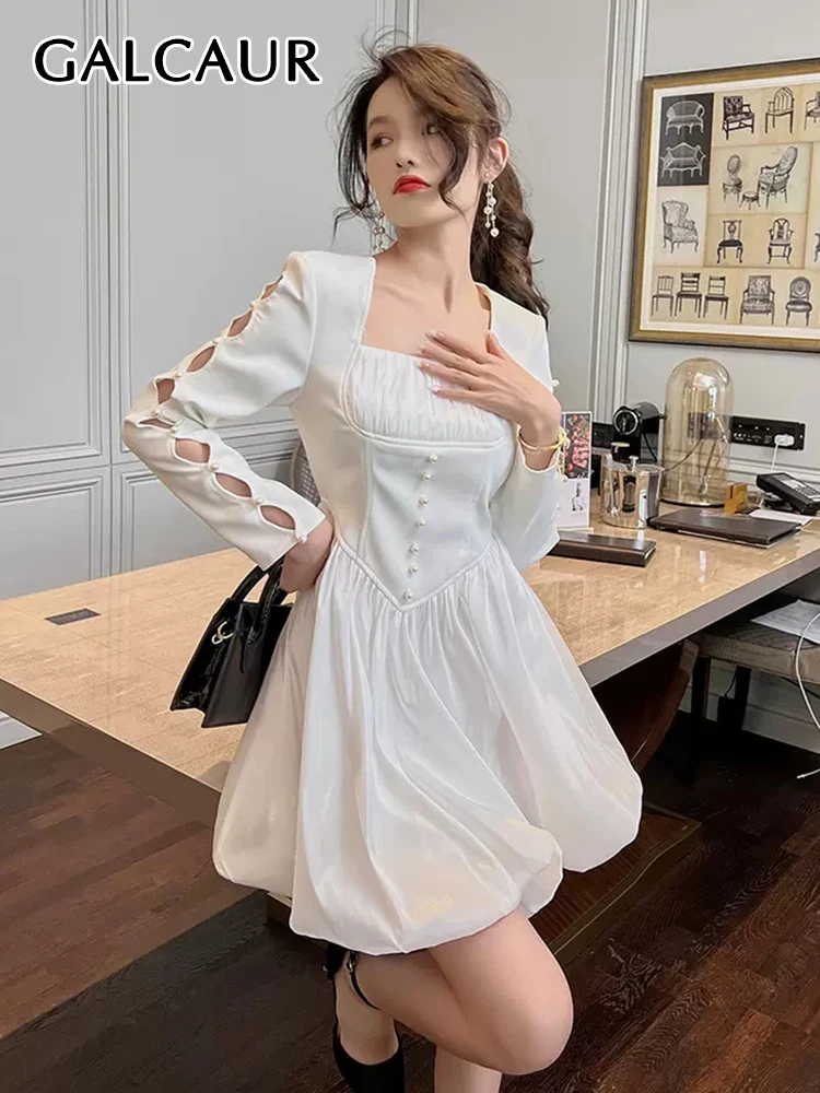 

GALCAUR Temperament Solid Dress For Women Square Collar Long Sleeve Hollow Out Ruched Mini Dresses Female Clothing Fashion Style