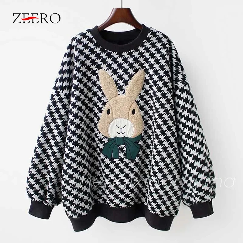 

Осенне-зимние женские толстовки, Повседневная Толстовка с мультяшным принтом, корейские свободные клетчатые утепленные Короткие топы большого размера, пальто, уличная одежда