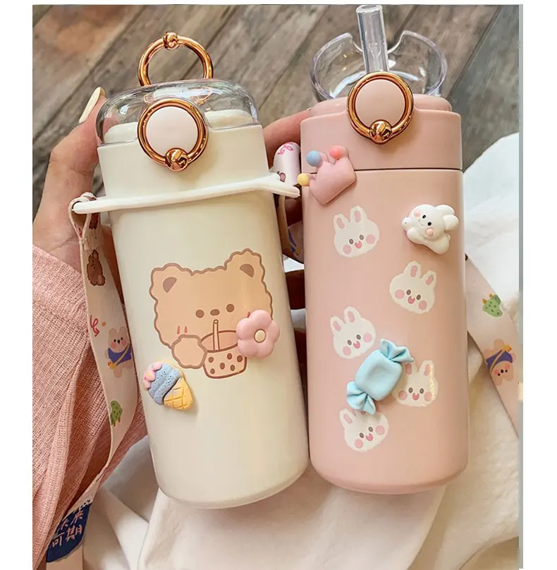 

Leuke Cartoons Roestvrijstalen Thermoskan Koffie Thee Melk Reizen Stro Cup Leuke Beer Water Fles Geïsoleerde thermos