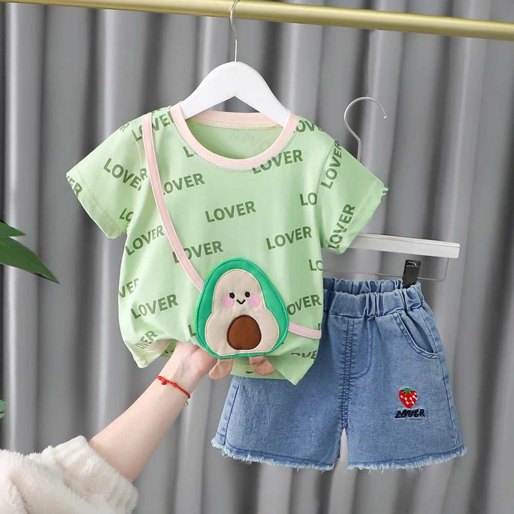 

1 2 3 4 Years Outfits Baby Clothes Fruit Printed T-Shirt with Denim Shorts Tassel 2 Piece/Set Fashion Children Girls' Dress