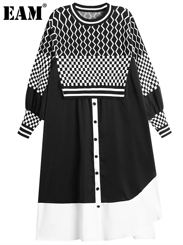 

[EAM] Women Black Big Size Color-block Knitting Dress New Round Neck Long Sleeve Loose Fit Fashion Spring Autumn 2022 1DE6049