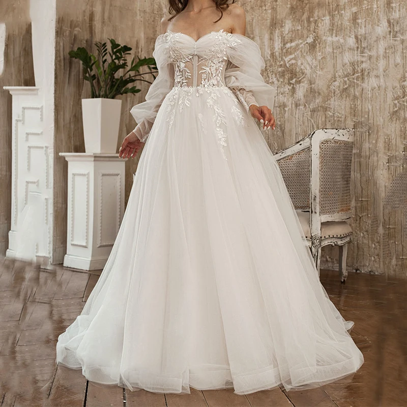 

2022 Sexy White A-line Wedding Dress Long Puffy Sleeves Sweetheart Lace Applique Tulle Wedding Long Gown vestido de novia encaje
