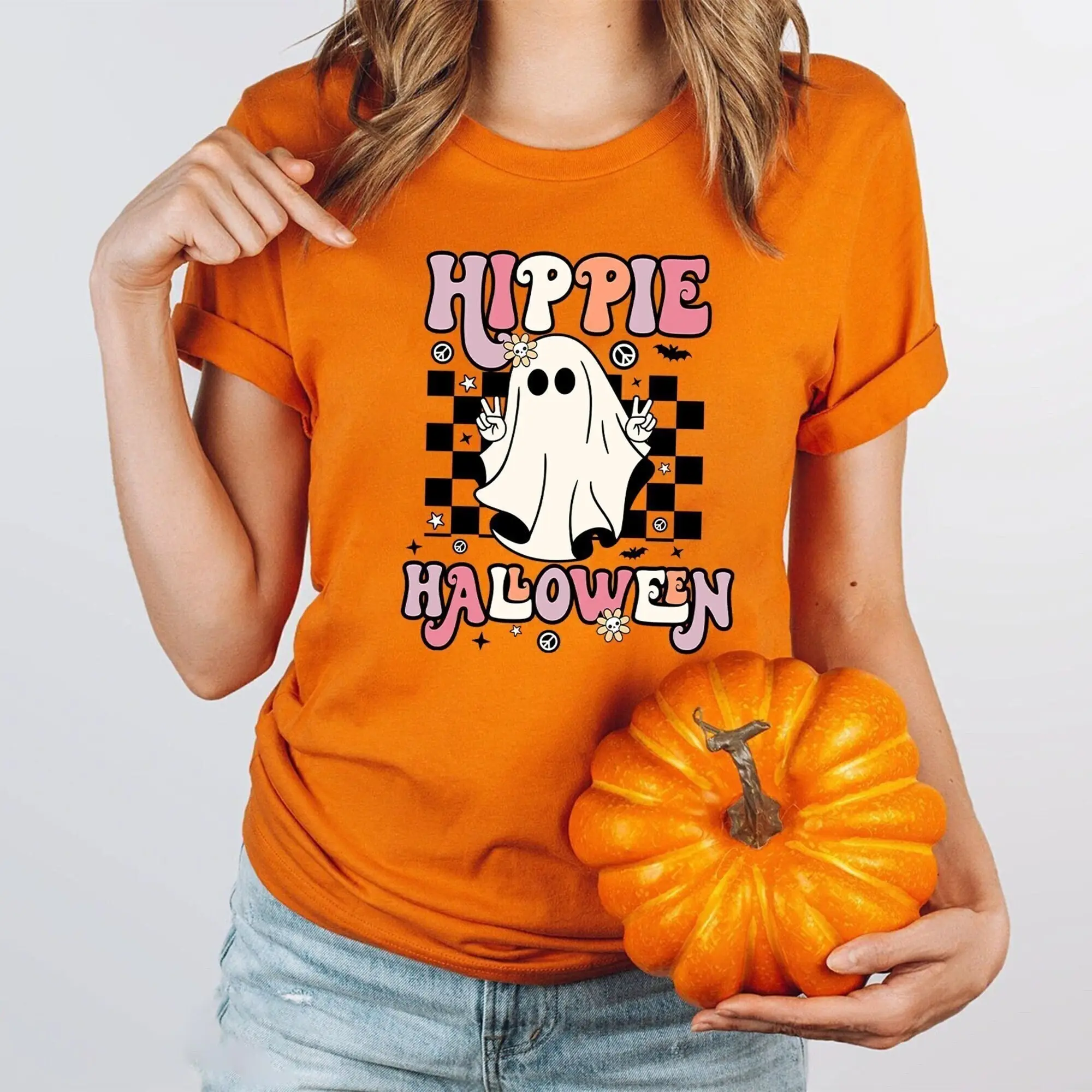 Хиппи Хэллоуин футболка милый Призрак Женская Тыква Ретро жуткий сезон