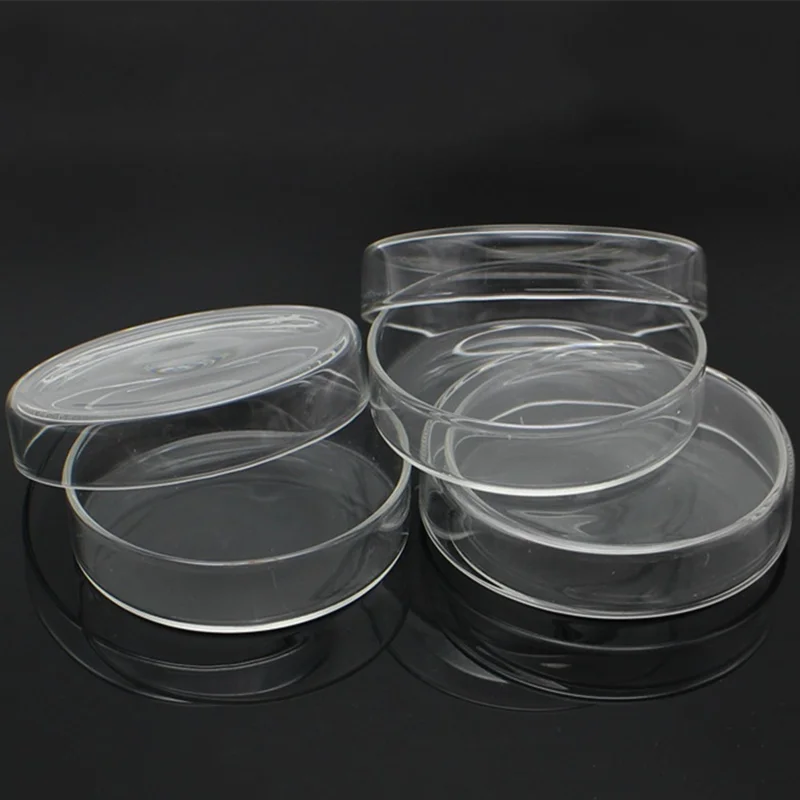 Platos de Petri de vidrio de 45mm a 150mm de diámetro, platos de Petri de alto borosilicato de cultivo celular para la escuela