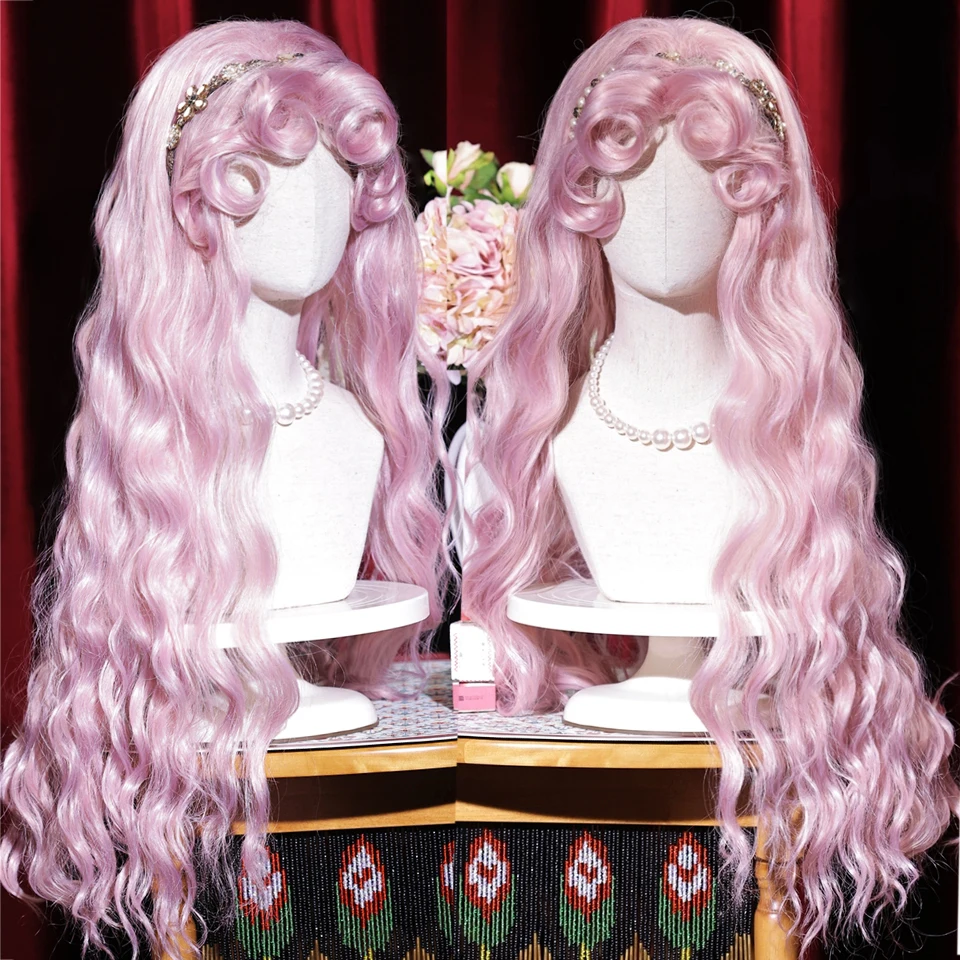 

HOUYAN synthesis Pink long wavy curly girl Lolita cosplay curly bangs wig black blue brown female bangs wig party wig