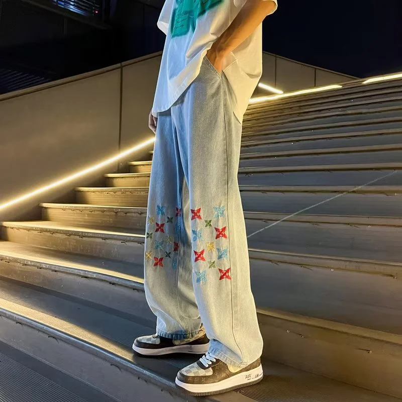 DEEPTOWN Embroidery Straight Jeans for Men Black Blue Denim Pants Streetwear Loose Casual Trousers Male Korean Hip Hop Spring