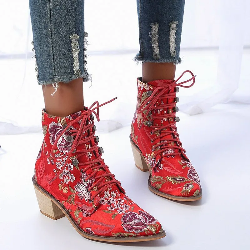 

New Women Nakle Boots Winter Shoes Mid Heel Pointed Toe Boots For Woman Fashion Lace Up Shoes Botas Mujer Plus Size 42 43