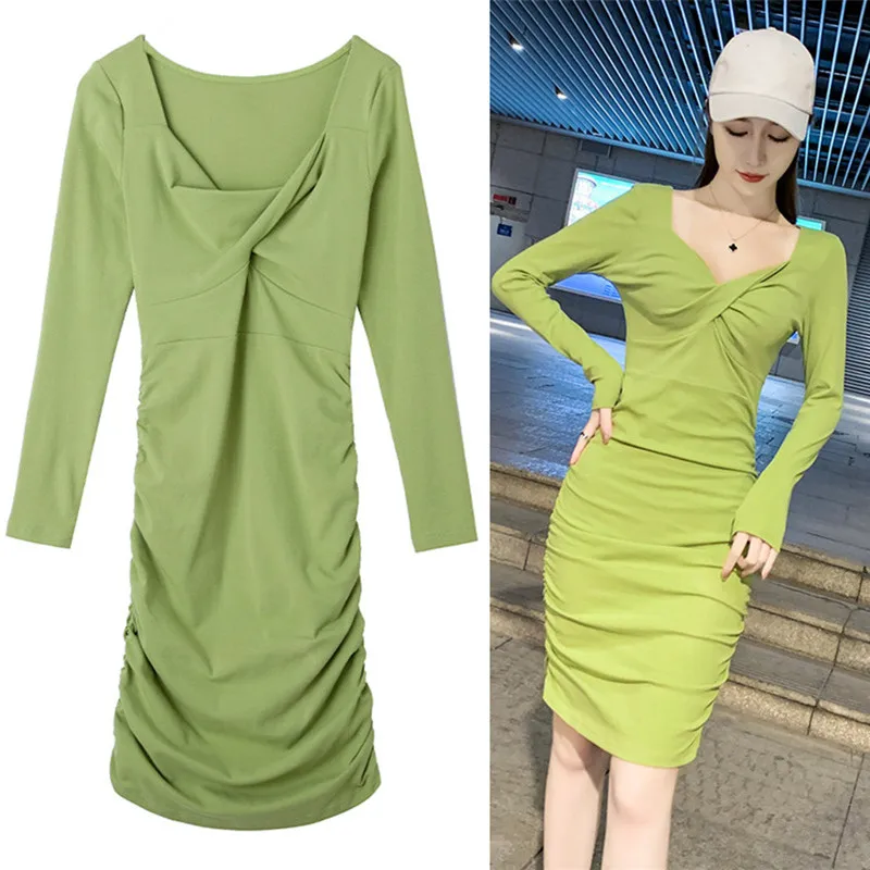 

Spring Women's V Neck Long-sleeves Bag Hip Dress 2023 New Woman Sexy Bodycon Folds Ladies Party Dresses