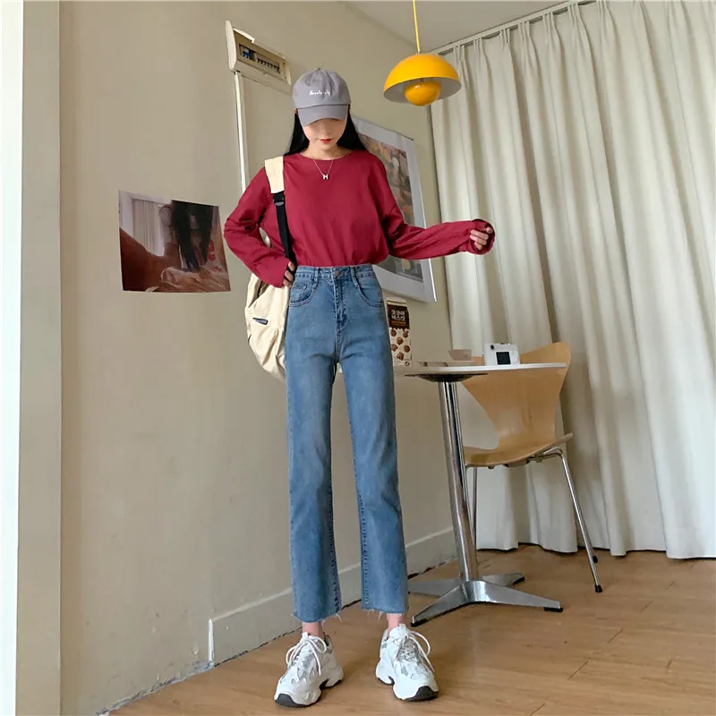 N2459   New light-colored high-waisted slim-fit straight-fit cropped jeans