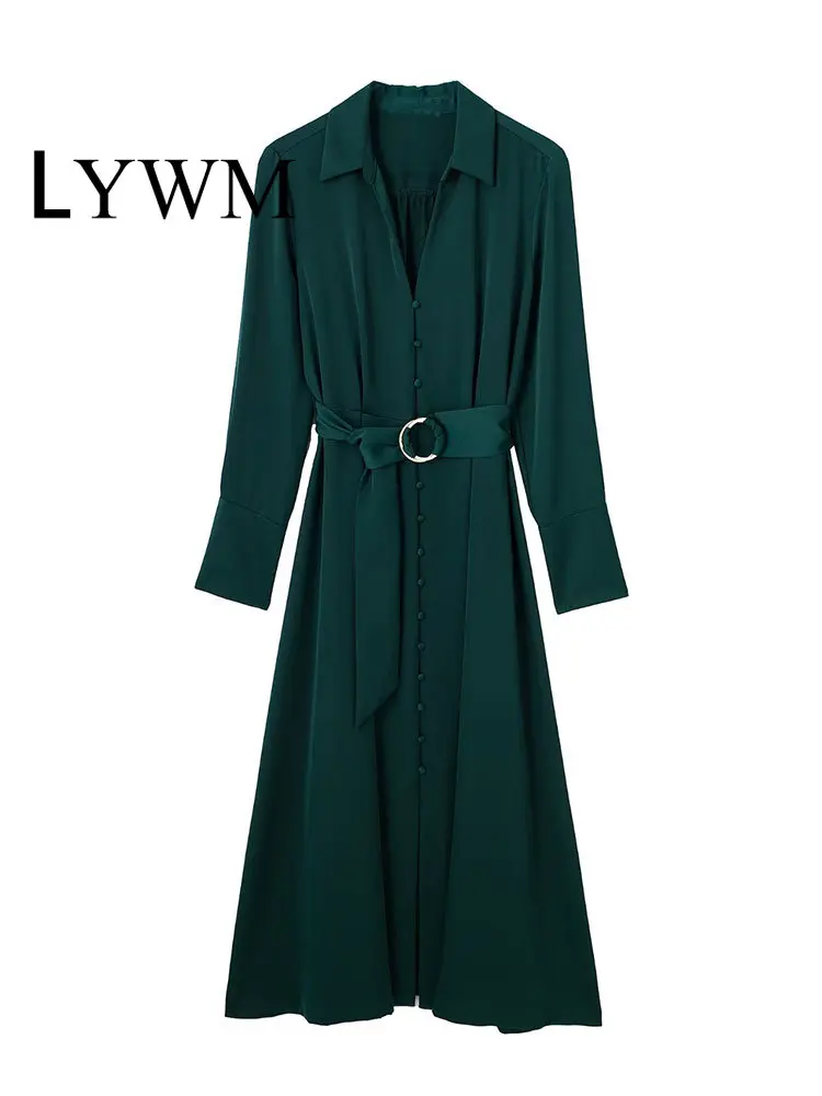 

Женское модное зеленое платье миди LYWM с поясом, винтажное однобортное платье с V-образным вырезом и длинным рукавом, женские шикарные длинные платья
