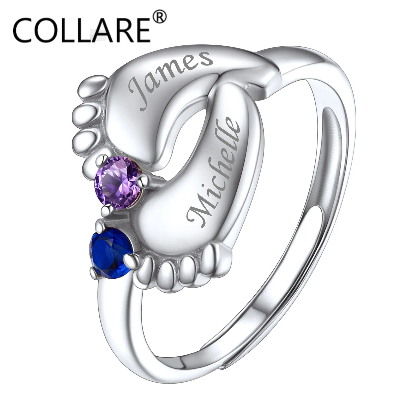 

Sterling Silver Personalized Baby Feet Ring with Names Engraved Custom Ring with Birthstones Family Jewelry CP710