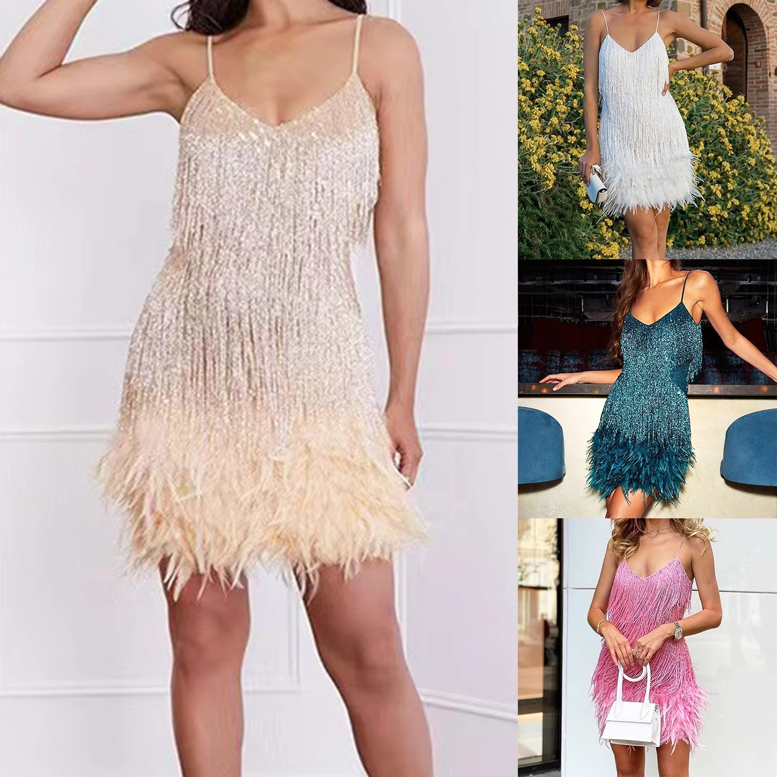 

Dance Club Sequins Tassel Feather Spaghetti Strap Dress Ladies Evening Party Elegant Women Fashion Sexy Stitching Mini Dresses