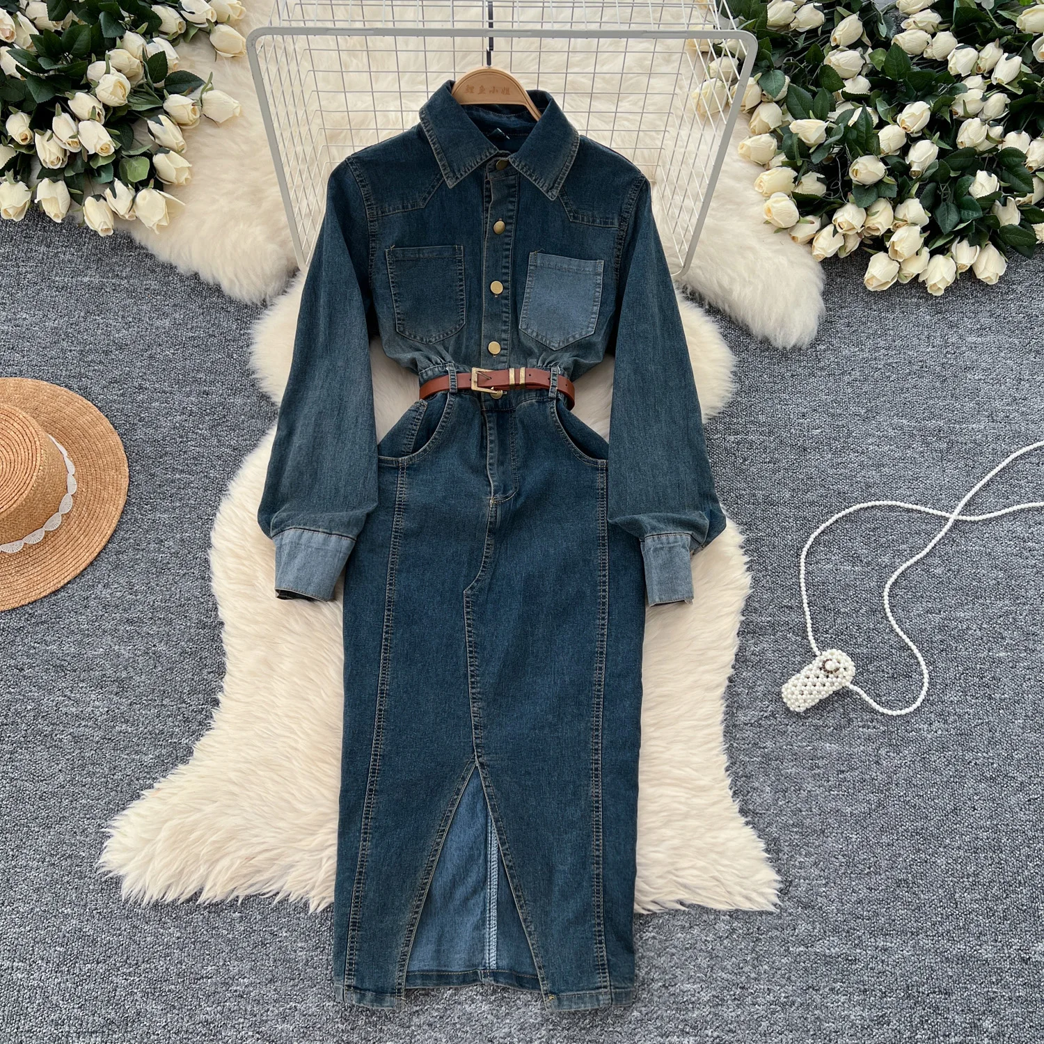 Женское модное джинсовое платье с длинными рукавами и поясом платье-рубашка