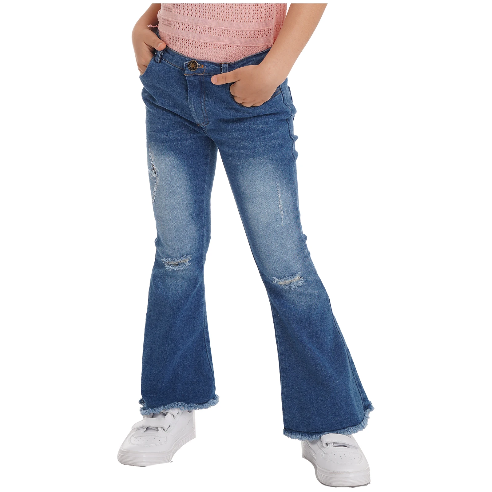 2023 New Kids Girls Flare Jeans Pants Spring Autumn Denim Zipper Closure Crotch Ripped Bell-bottom Long Pants Casual Trousers
